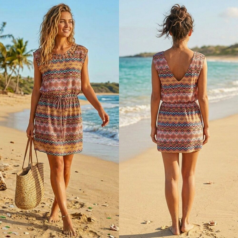 City Triangles Aztec Geometric Print Cage Neck Boho Blouson Mini Dress Size Med